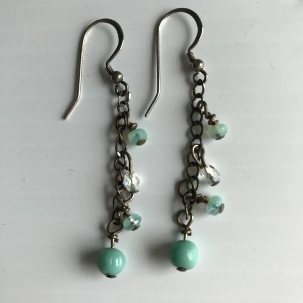 Vintage Handmade Aqua Beads Crystal Sterling Silver Dangle Drop Earrings